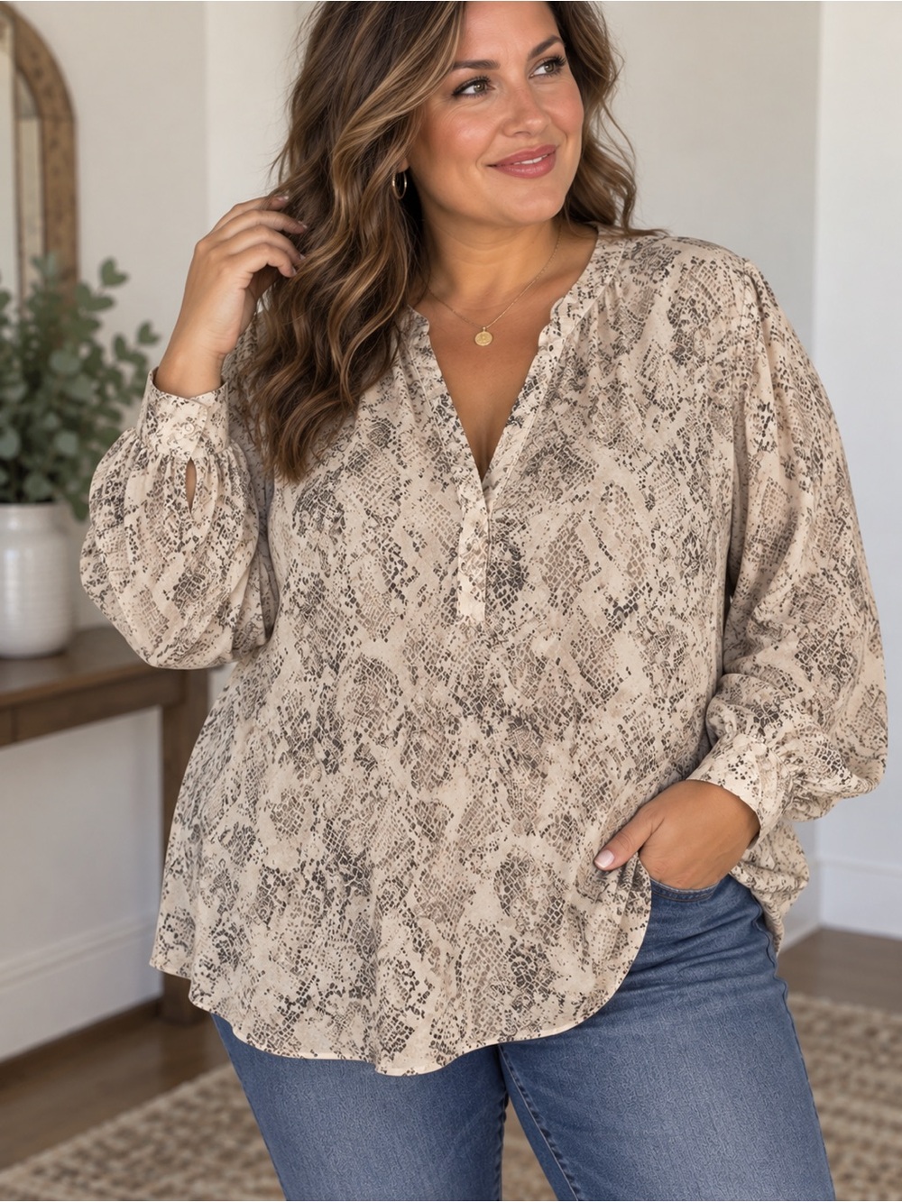 Ava & Viv Snake Print Long Sleeve Blouse 2X